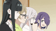 a group of anime girls standing next to each other with one wearing glasses