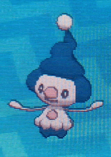 a pixel art drawing of a cartoon character with a blue hat
