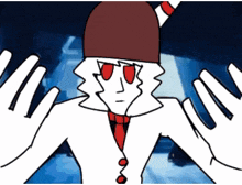 a cartoon drawing of a man with red eyes and a red and white hat