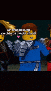a group of lego ninjago characters are standing next to each other and one of them has a heart on his hat