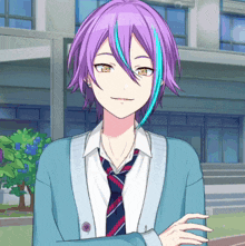 a boy with purple hair and a blue streak in the middle