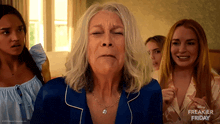 a disney freakier friday advertisement features a woman in a blue pajamas