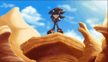 a pixel art of shadow the hedgehog standing on top of a rock