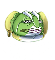 a green frog with a banana on its head is crying with tears coming out of its eyes .