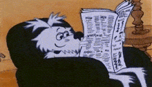 a black and white cartoon dog is sitting in a chair reading a newspaper .