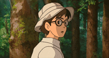 a boy wearing glasses and a hat is standing in a forest