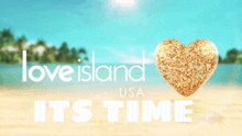 a poster for love island usa with a heart in the background