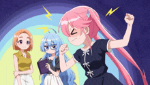 a girl with pink hair and glasses holds a book that says ' i love you ' on it