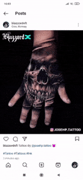 a tattoo of a skull on a man 's hand