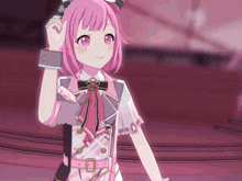a girl with pink hair is wearing a white shirt and a pink belt