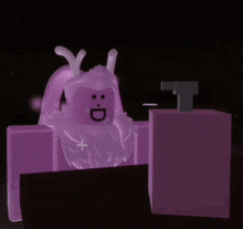 a purple cartoon character is sitting on top of a purple block .