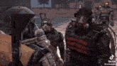 a group of soldiers wearing gas masks are standing in a video game
