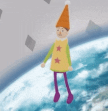 a cartoon character with three stars on his outfit is standing on a planet