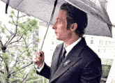 a man in a suit and tie is holding an umbrella while looking out a window .