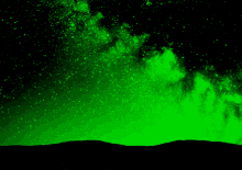 a green sky with mountains in the background