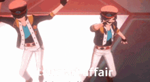 two anime characters are dancing on a stage and the word affair is on the bottom of the screen .