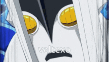 a close up of a cartoon character 's face with yellow eyes and the words valtexo written below it .