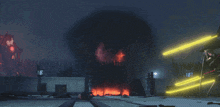 a video game scene with a skull on fire