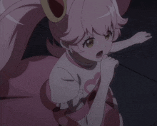 a pink and white anime character with a heart on her shirt