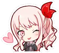 a cartoon girl with pink hair and a red bow on her head