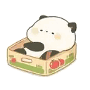 a panda bear is sitting in a cardboard box with tomatoes .