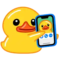 a yellow rubber duck is holding a cellphone with a picture of a duck on it