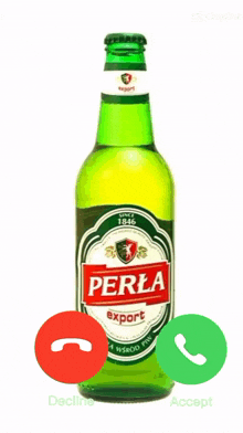 a bottle of perla export beer with a decline and accept button next to it