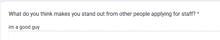 what do you think makes you stand out from other people applying for staff im a good guy