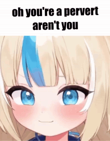a picture of a blonde anime girl with blue hair and the words oh you 're a pervert aren 't you