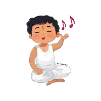 a cartoon drawing of a boy singing with pink music notes above his head