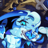 a cartoon drawing of a blue and white character with the letter k on the bottom left
