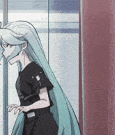 a girl with long green hair is standing in front of a window