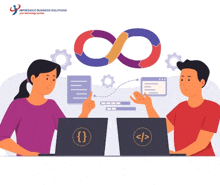a man and a woman are sitting in front of their laptops with an infinity symbol behind them