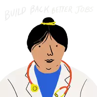 an illustration of a woman wearing a hard hat and vest with the words build back better jobs above her