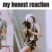 a picture of a woman dancing with the words my honest reaction