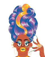a cartoon illustration of a drag queen with blue hair and long nails
