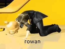a cartoon character is kneeling down with the name rowan written below him