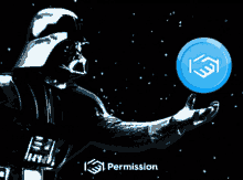darth vader is holding a blue coin with permission written below him