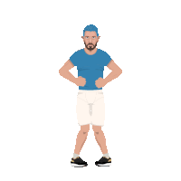 a man with blue hair and a beard is standing with his hands on his hips .