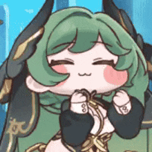 a close up of a cartoon character with green hair and a black jacket .