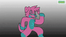 a drawing of a pink and blue cartoon character with a stamp that says animal crossing