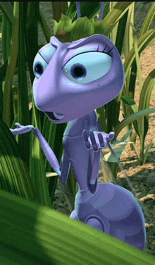 a purple cartoon character is standing in a field