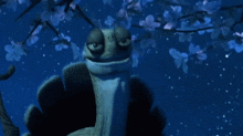 a cartoon turtle is looking at the camera with a starry sky in the background