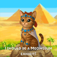 a cat sitting on a rock with the words i should be a meowseum exhibit on the bottom