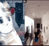a man in a black shirt is running down a hallway next to a dog wearing a helmet ..