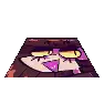 a pixel art drawing of a cat with yellow eyes and a purple nose on a white background .