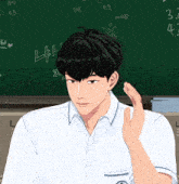 a drawing of a boy in front of a chalkboard with the number 3 on it
