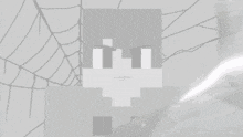 a black and white image of a minecraft character with a spider web in the background