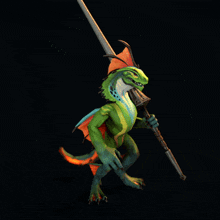 a green and orange dragon holding a sword