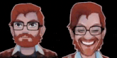 a cartoon of a man with glasses and a beard is smiling and making a funny face .